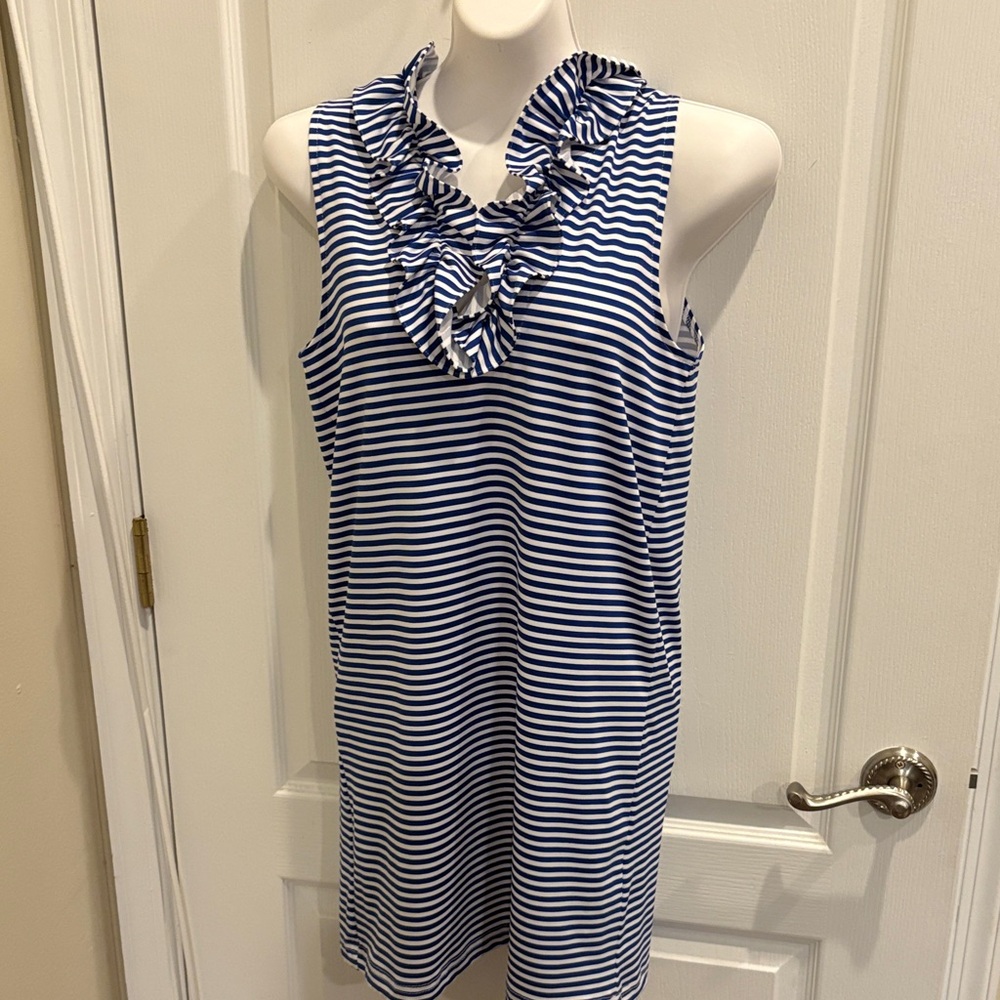 Sailor - Sailor Blue and White Striped Sleeveless Dress with Ruffled Neckline S